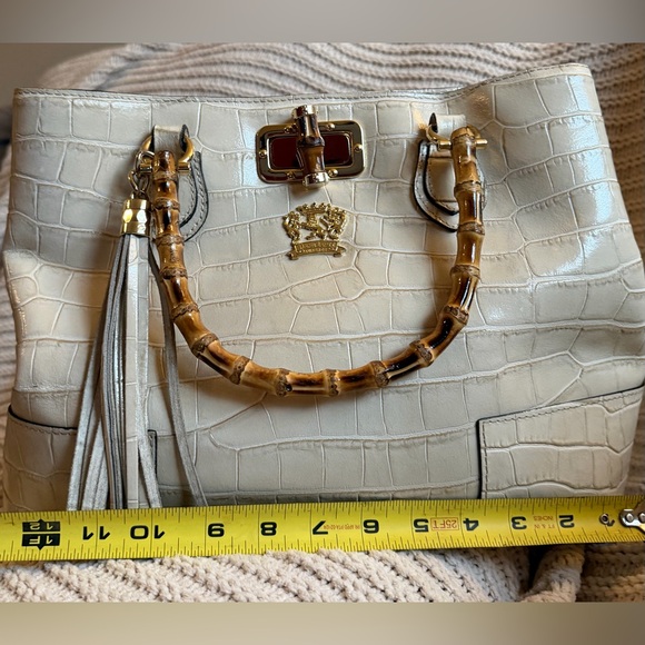 Elegant Pratesi Firenze Sarteano Bamboo Handle Cream Croc Embossed Leather - Picture 8 of 16